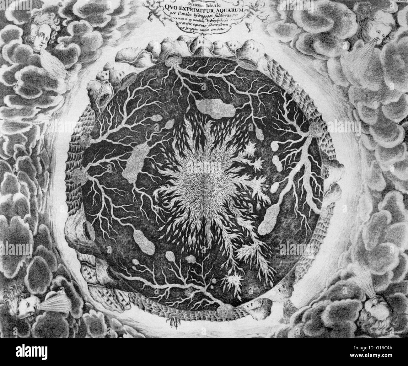 Illustration by Athanasius Kircher from his 1664 book Mundus Subterraneus. It depicts a section of the earth with a great fire at its center, which communicates with many smaller bodies of fire; also many caverns within the earth filled with water; volcan Stock Photo