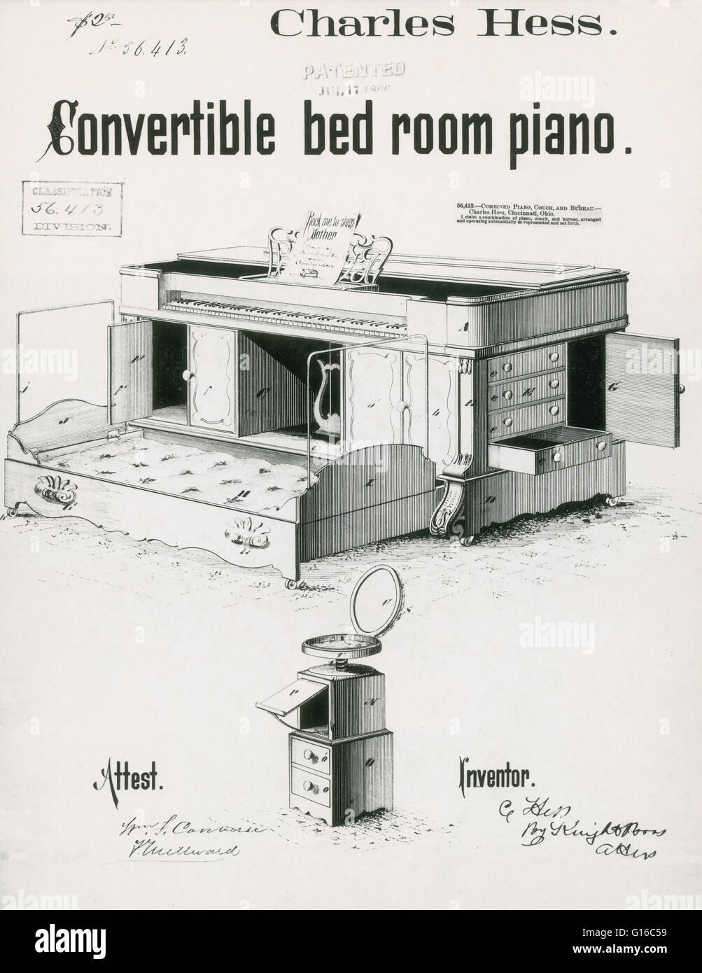 Patent Drawing for Convertible Bed Room Piano, July 17, 1866. Charles Hess's patented 'Wardrobe, Piano and Bedstead,' which was also known as the 'Convertible bed room piano' would turn the parlor into the bedroom. During the second half of the 19th centu Stock Photo