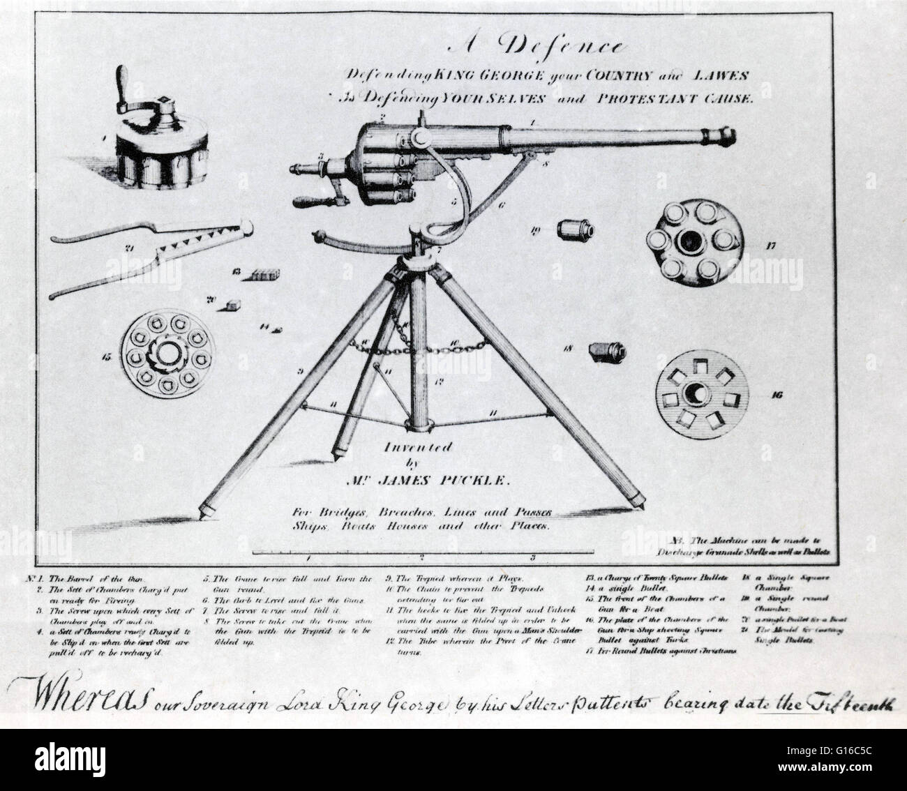 James Puckle's 1718 patent machine gun, shows various cylinders for use with round and square bullets. James Puckle (1667-1724) was an English inventor, lawyer and writer from London chiefly remembered for his invention of the Defence Gun - a tripod-mount Stock Photo