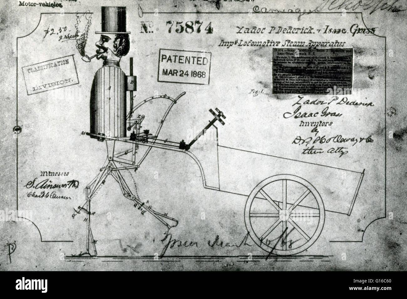 During the 19th century American inventors sought patents on self-propelled road machines. This steam-driven mechanical contraption was conceived by Zadoc Dederick and Isaac Grass from Newark, New Jersey, who said, 'the pivots, cranks and connecting rods Stock Photo