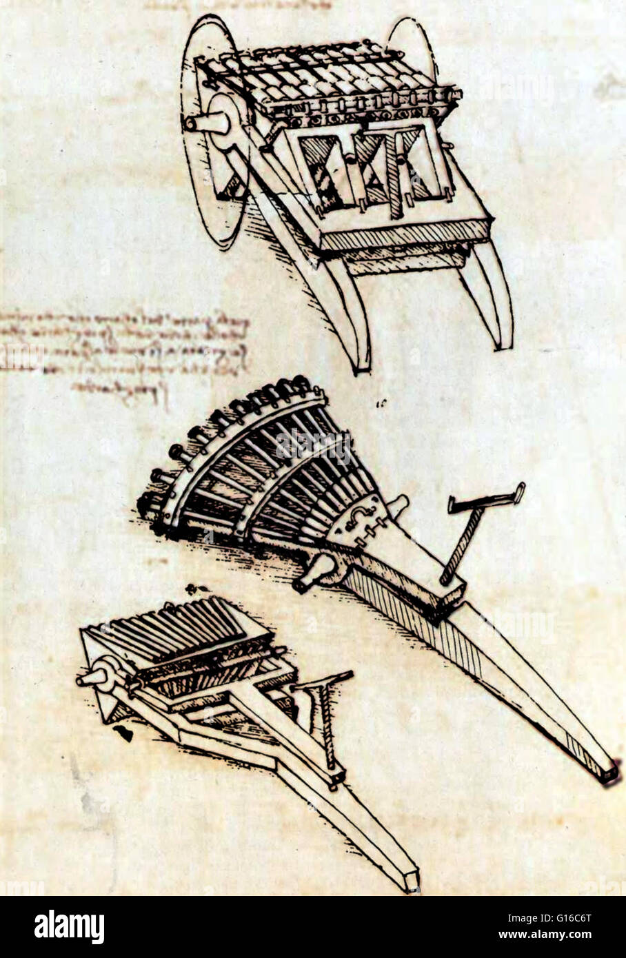 Guns with array of horizontal barrels and gun with three racks of barrels, circa 1481. Firearms in renaissance times were inaccurate and suffered from a slow rate of fire. Leonardo, in his design for a multi-barreled cannon of 1481, sought to overcome the Stock Photo