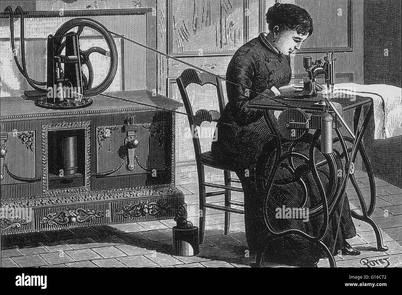 Undated engraving by Louis Poyet depicting a steam-powered sewing machine. A sewing machine is a machine used to stitch fabric and other materials together with thread. Sewing machines were invented during the first Industrial Revolution to decrease the a Stock Photo
