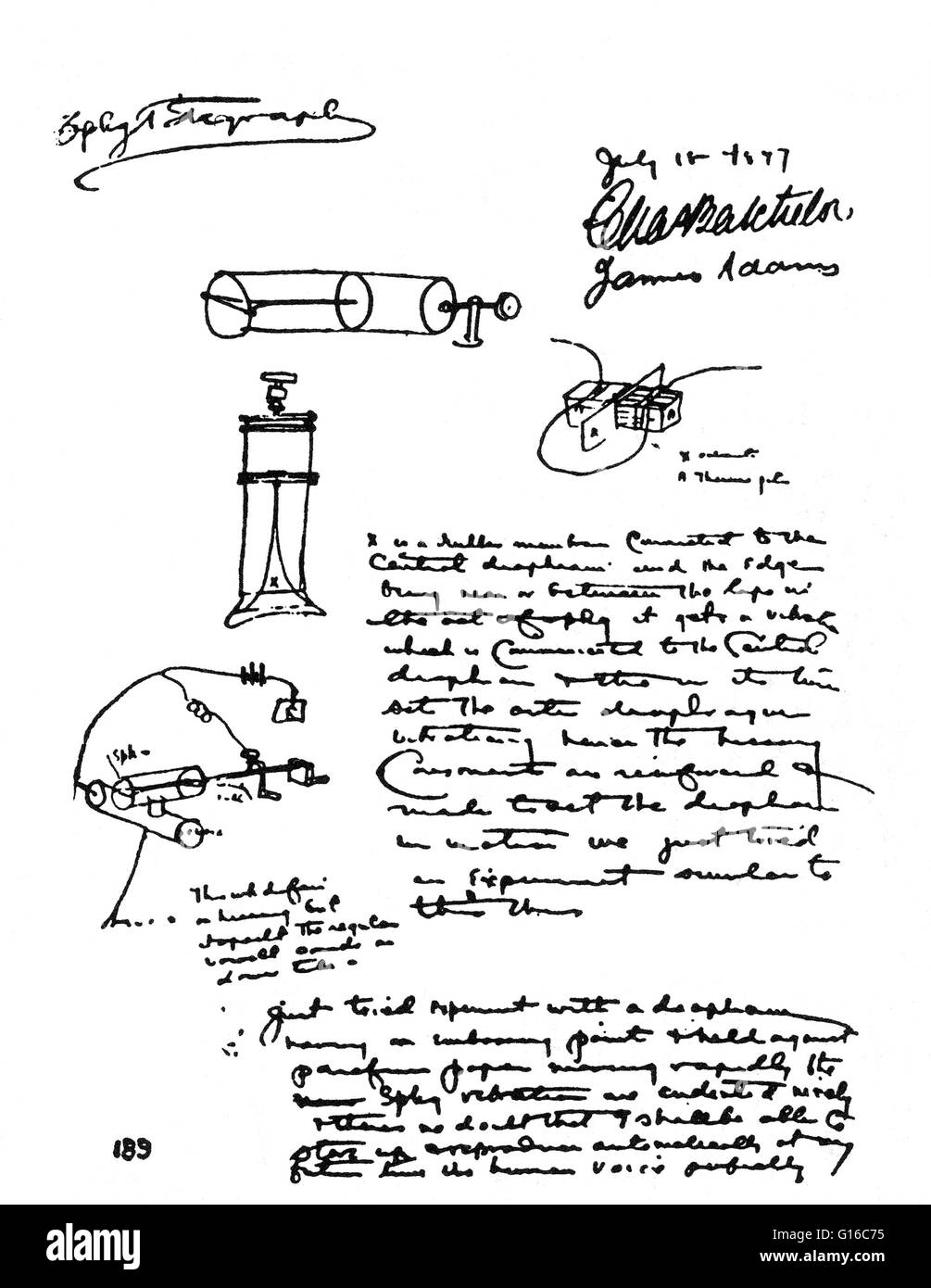 Reproduction of page from Edison's notebook in which he recorded his first conception of the phonograph. The phonograph was invented in 1877 by Thomas Edison. While other inventors had produced devices that could record sounds, Edison's phonograph was the Stock Photo