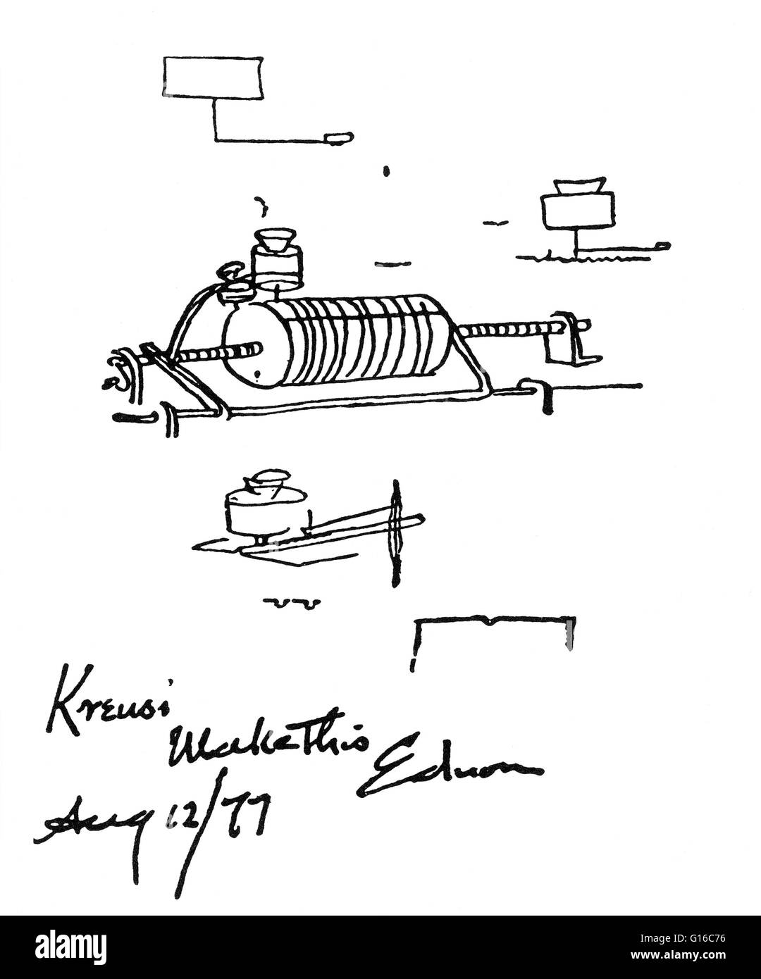 Reproduction of Edison's sketch of the first phonograph with instructions to Kruesi, his modeller, to 'make this'. The phonograph was invented in 1877 by Thomas Edison. While other inventors had produced devices that could record sounds, Edison's phonogra Stock Photo