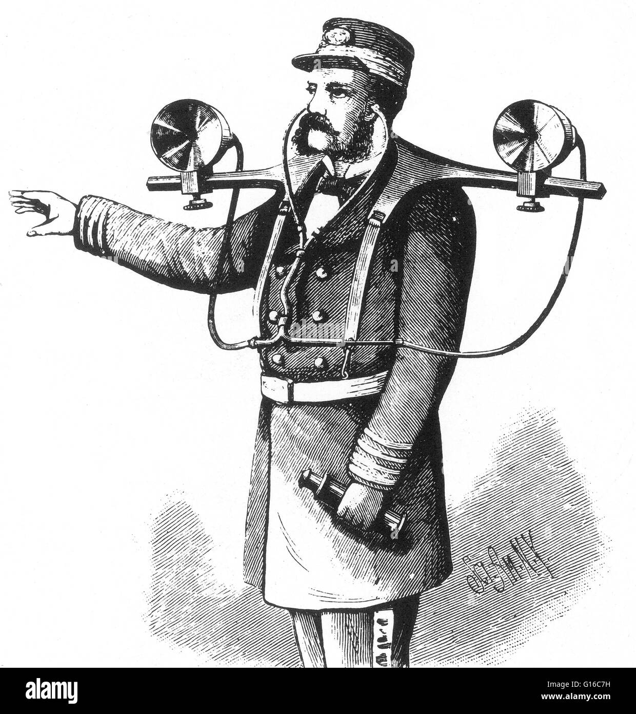 Detail of a rendering of Mayer's Topophone that appeared in the July 3, 1880 issue of Scientific American. The aim of the topophone, which was invented and patented by Professor A. M. Mayer, last winter, is to enable the user to determine quickly and sure Stock Photo