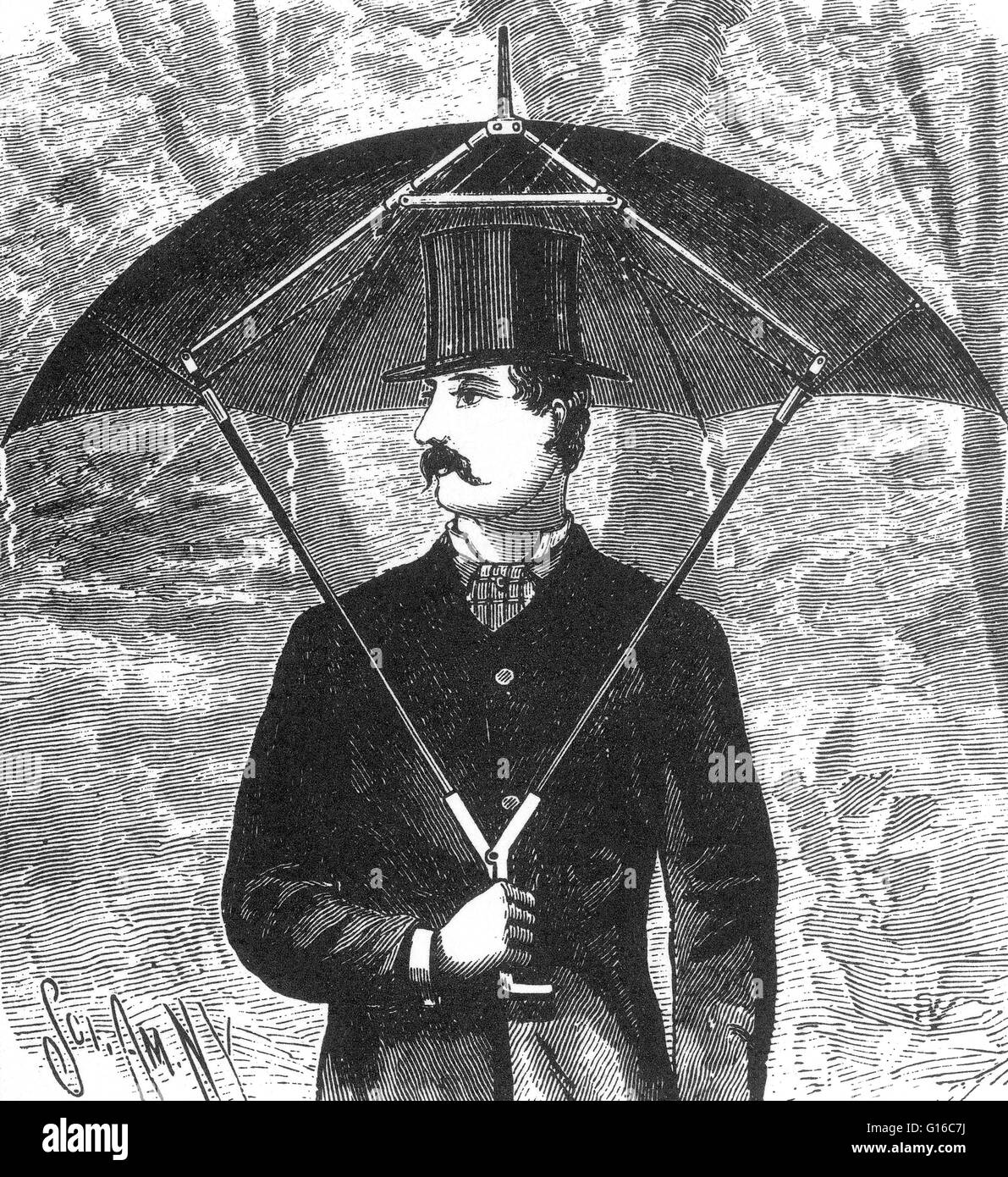 A simple umbrella designed to protect the hat. An umbrella is a light, small, portable, usually circular cover for protection from rain or sun, consisting of a fabric held on a collapsible frame of thin ribs radiating from the top of a carrying stick or h Stock Photo