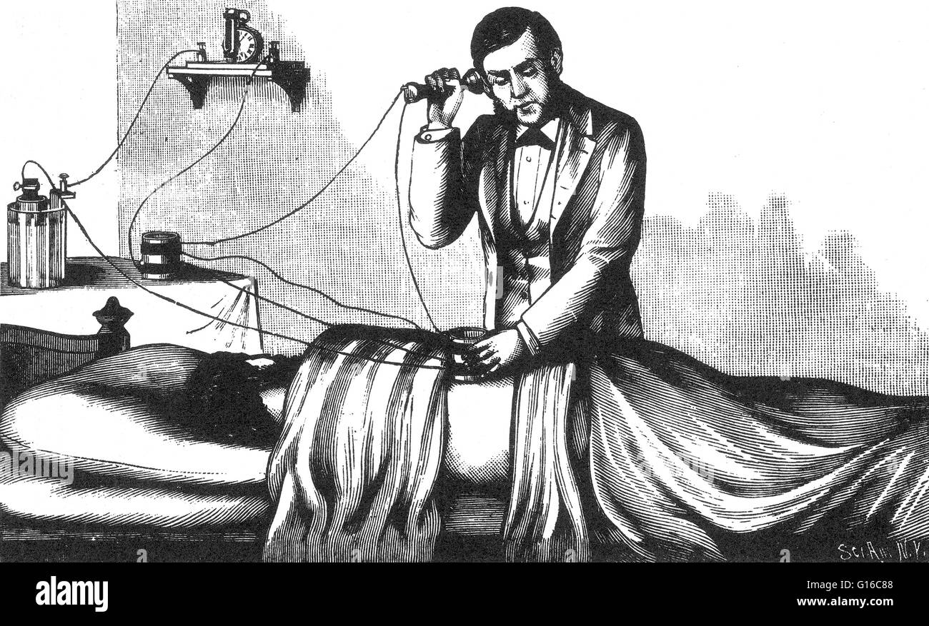 Device for acoustic localizing of metallic parts in the human body. Victorian physician with wounded patient, with a bullet in the body. Toward the end of the 19th century, many scientists and engineers used their growing knowledge of electrical theory in Stock Photo