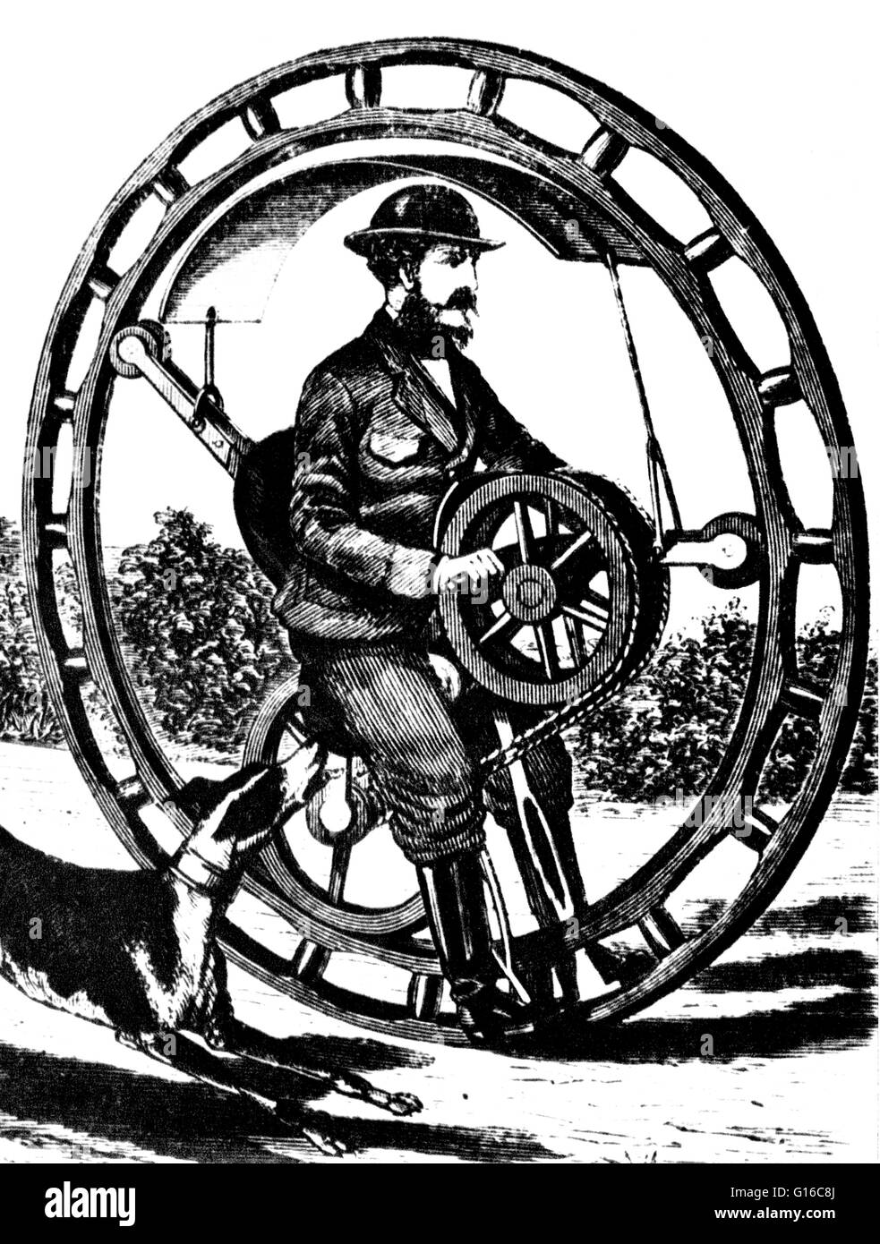 Hemming's Unicycle, or Flying Yankee Velocipede, was a hand powered monowheel patented in 1869 by Richard C. Hemming. A monowheel is a one-wheeled single-track vehicle similar to a unicycle, but instead of sitting above the wheel, the rider sits either wi Stock Photo