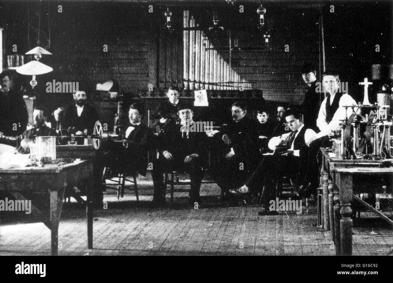 Undated photograph of Edison and staff at his Menlo Park laboratory. Thomas Alva Edison (February 11, 1847 - October 18, 1931) was an American inventor and businessman. He developed many devices that greatly influenced life around the world, including the Stock Photo