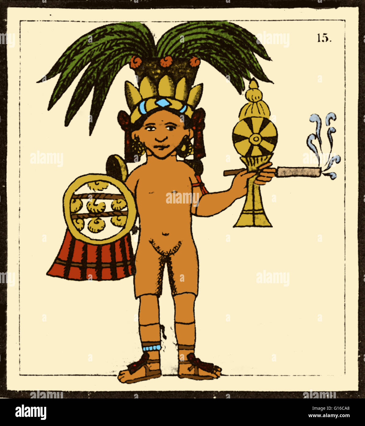 Plate from the Florentine Codex. Idol dressed to represent a god holds a smoking cane cigarette in his left hand.Tobacco (Nicotiana tabacum), or picietl in nahuatl, was also used among the Aztecs. This plant was identified on the Xochipilli statue as well Stock Photo