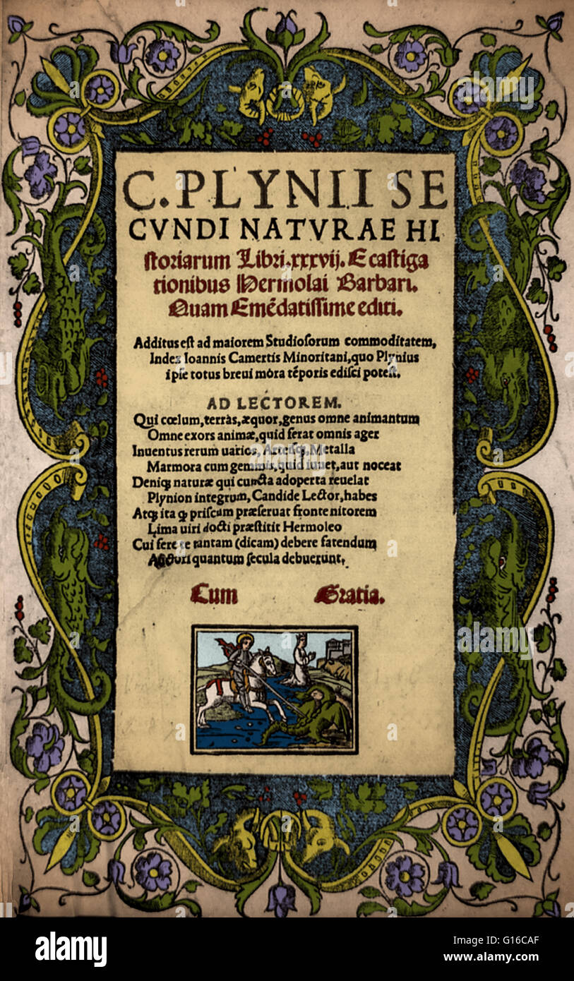 Engraving of title page of Pliny's Natural history, with decorative border of dolphins and illustration of St. Michael lancing dragon, published in 1519. Gaius Plinius Secundus (23 - August 25, 79), better known as Pliny the Elder, was a Roman author, nat Stock Photo