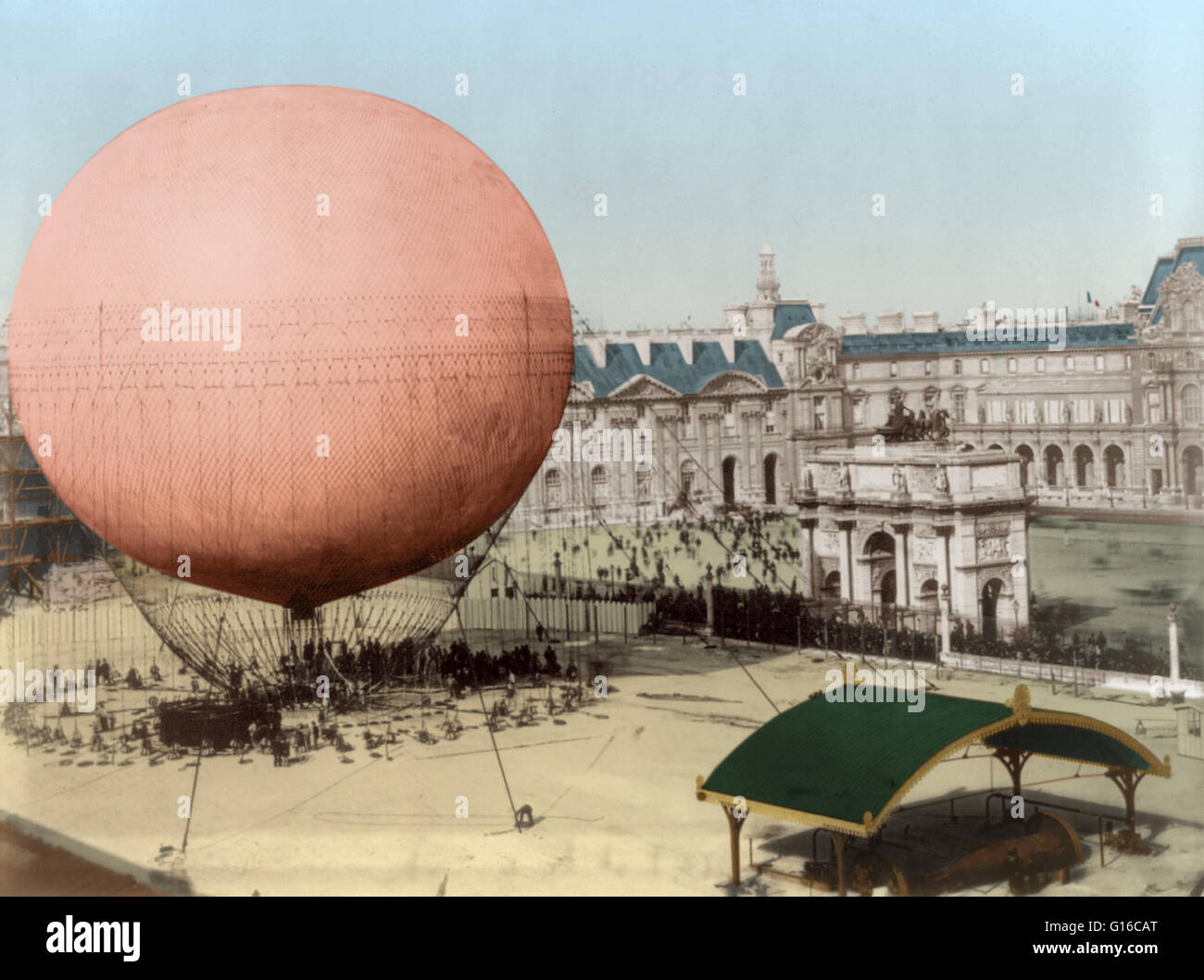 Giffard's balloon before ascension, 1878. Photo taken from the ruins of the Tuileries Palace, showing the Tuileries courtyard, the Arc de Triomphe du Carrousel, the Place du Carrousel and the north wing of the Louvre Palace. Henri Giffard (February 8, 182 Stock Photo