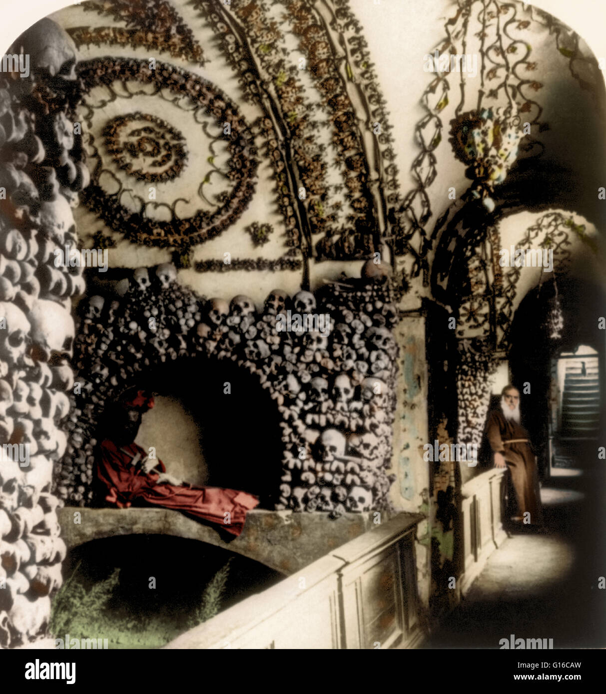 Stereograph shows corridor in the Cappuccini Catacombs, Rome, Italy, 1897. The Capuchin Crypt is a small space comprising several tiny chapels located beneath the church of Santa Maria della Concezione dei Cappuccini on the Via Veneto near Piazza Barberin Stock Photo