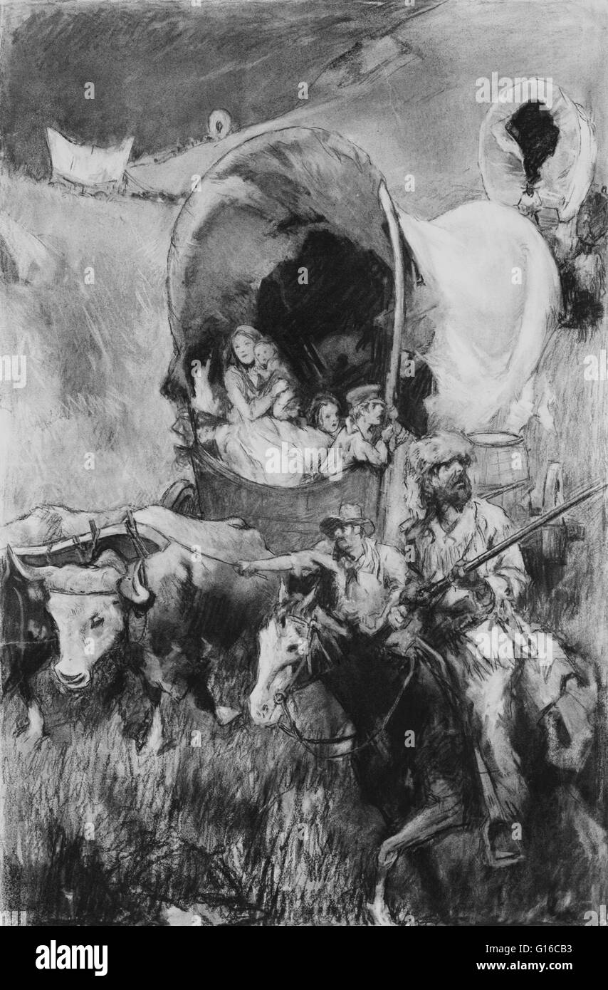 Charcoal drawing by Thomas Fogarty entitled: 'Pioneers in covered wagons'. Manifest Destiny was the 19th and 20th century American belief that the United States was destined to expand across the North American continent. The Homestead Act of 1862 encourag Stock Photo