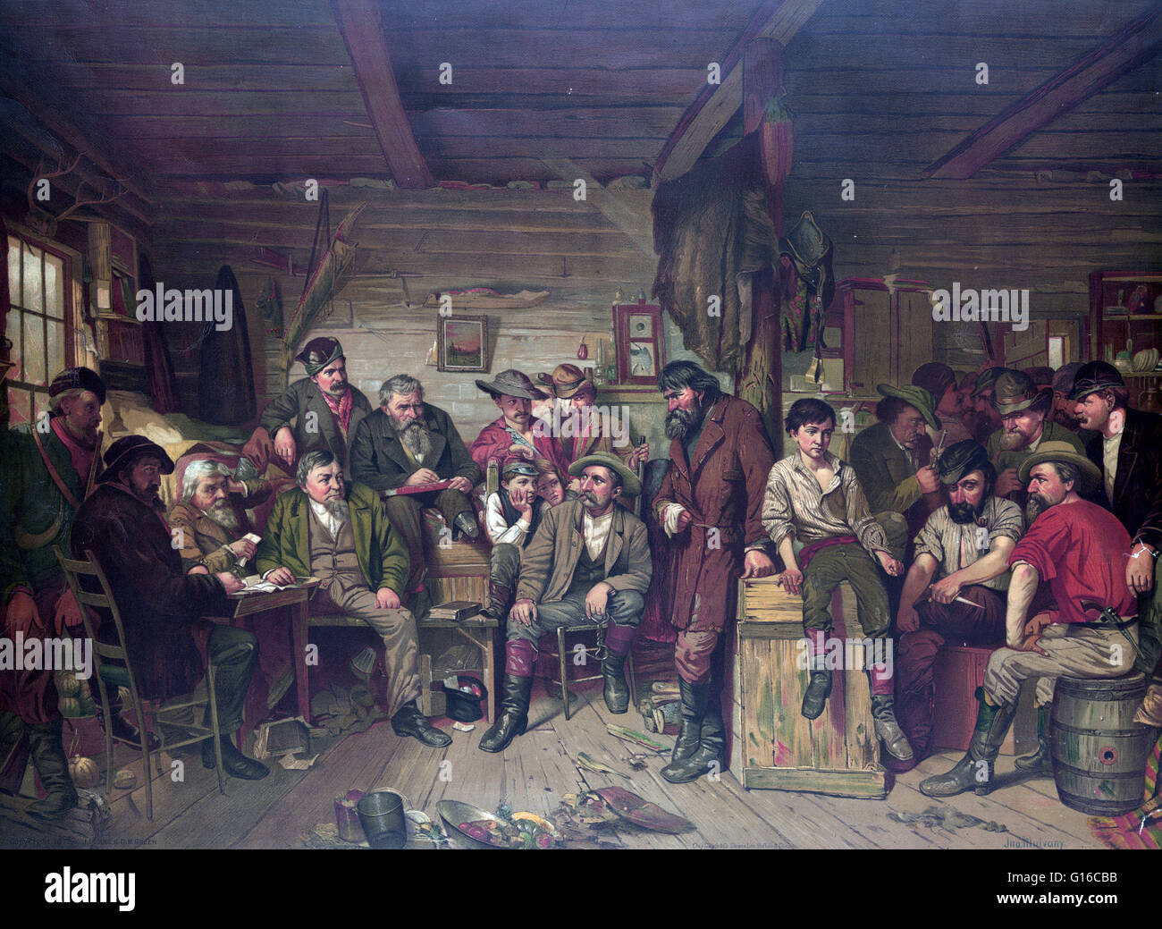 Chromolithograph by John Mulvany entitled: 'The trial of a horse thief' shows a large group of men gathered in a room in a tavern or general store, conducting the trial of a man, standing at center, suspected of stealing a horse, 1877. The term horse thie Stock Photo