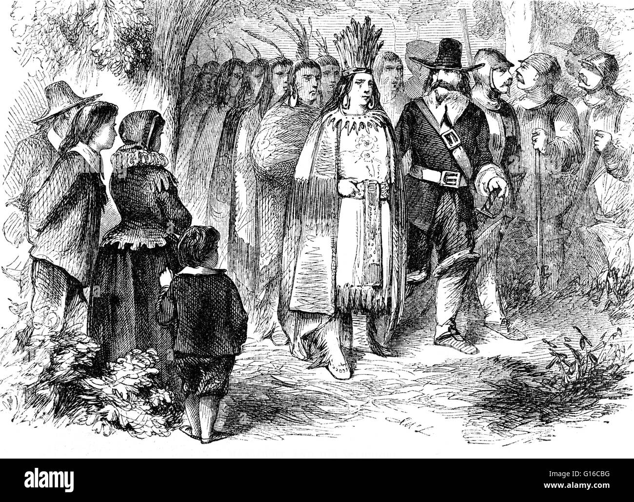 Engraving by Albert Bobbett entitled: 'Landing of the pilgrims'. Massasoit Sachem or Ousamequin (1581 - 1661) was the leader of the Wampanoag Confederacy. According to English sources, Massasoit prevented the failure of Plymouth Colony and the almost cert Stock Photo
