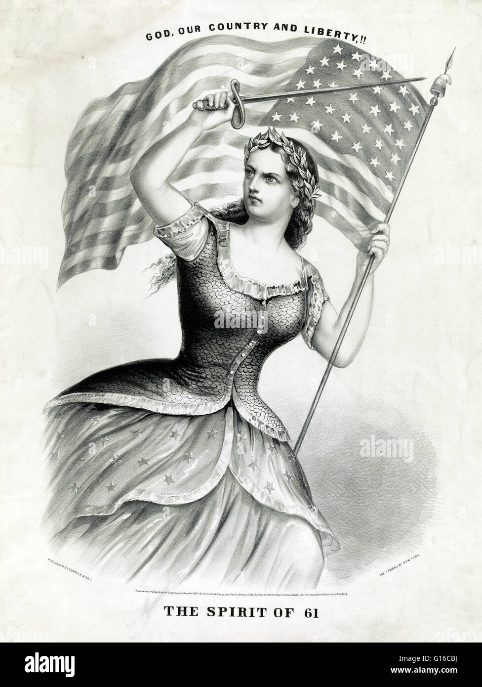 An 1861 Currier & Ives lithograph showing Columbia, armed with a sword and grasping an American flag, advances toward the left. She strikes an aggressive pose and has a stern, almost fierce demeanor. The motto 'GOD, OUR COUNTRY AND LIBERTY,!!' appears abo Stock Photo