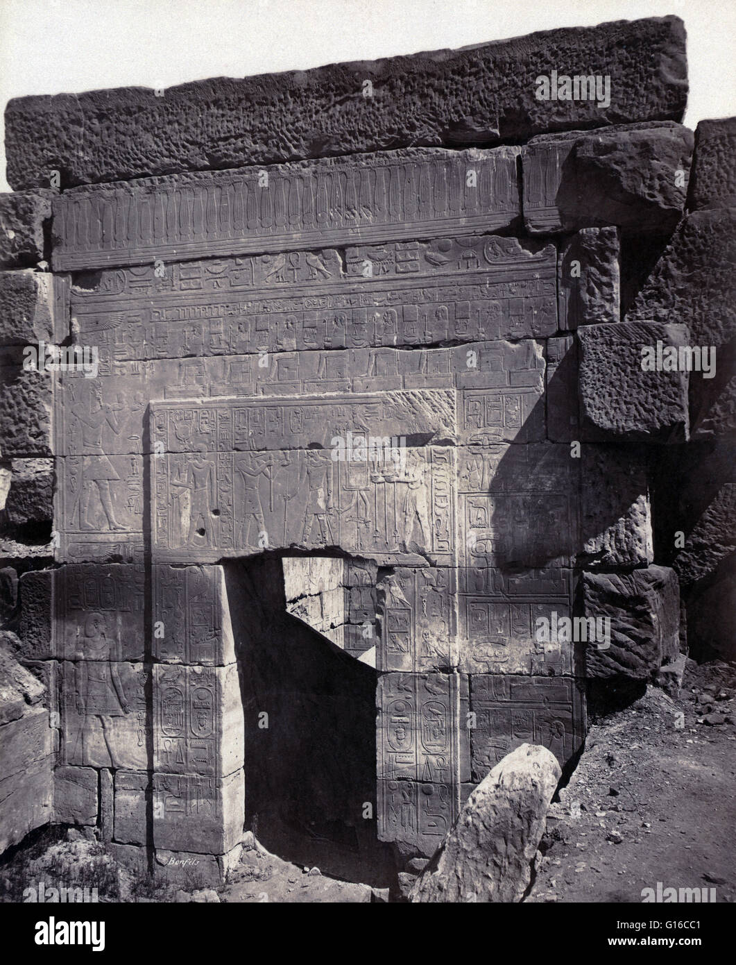 Entrance to sanctuary of the Temple of Thutmose III, Thebes, photographed by Maison Bonfils, circa 1867-1885. The Temple of Thutmose III at Deir el-bahari was dedicated primarily to the god Amun, both in the form of Amun-Re and Amun-Kamutef, and probably Stock Photo
