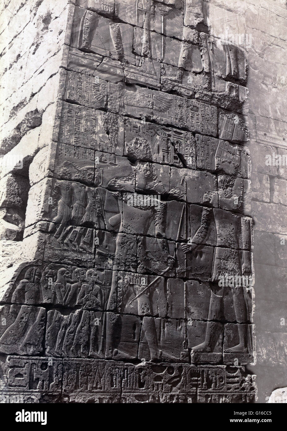 Bas-relief on wall of the Royal Pavilion, Thebes, photographed by Maison Bonfils, circa 1867-1885. The Temple of Khonsu located within the large Precinct of Amun-Re at Karnak is an example of an almost complete New Kingdom temple, and was originally const Stock Photo