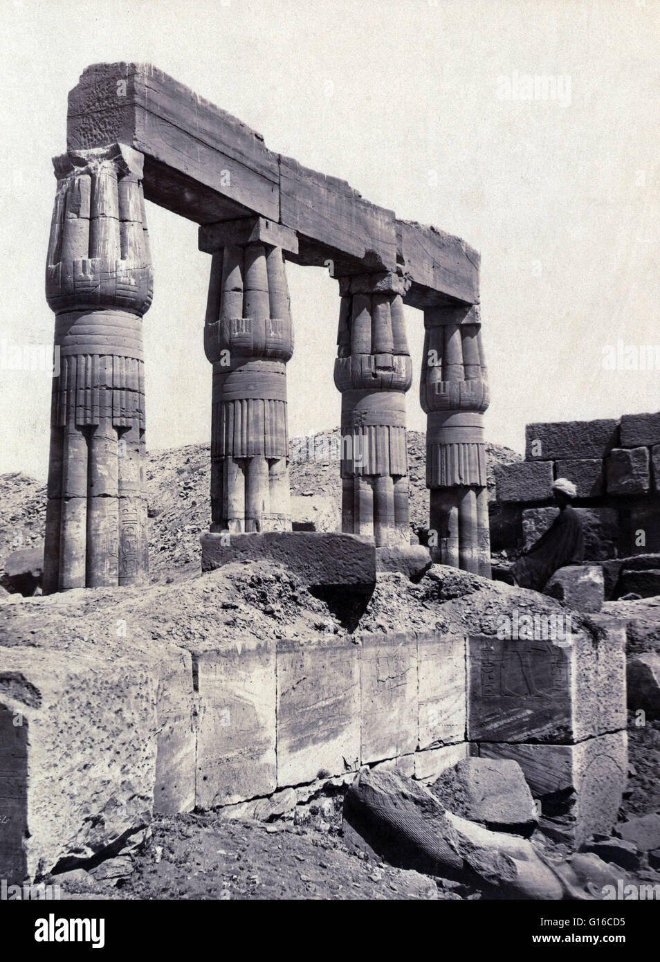 Detail of a section of the remains of the Temple of Thutmose III, Thebes, photographed by Maison Bonfils, circa 1867-1885. The Temple of Thutmose III at Deir el-bahari was dedicated primarily to the god Amun, both in the form of Amun-Re and Amun-Kamutef, Stock Photo