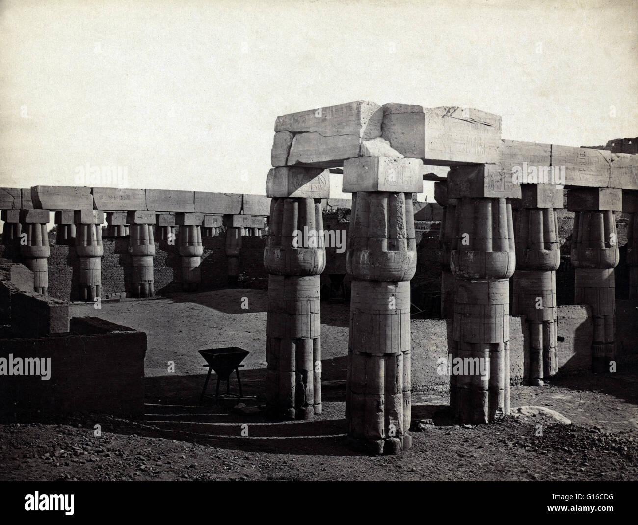 Court of Temple, photographed by Francis Frith, circa 1856-1860. Luxor Temple is a large Ancient Egyptian temple complex located on the east bank of the Nile River in the city today known as Luxor (ancient Thebes) and was founded in 1400 BC. In Luxor ther Stock Photo