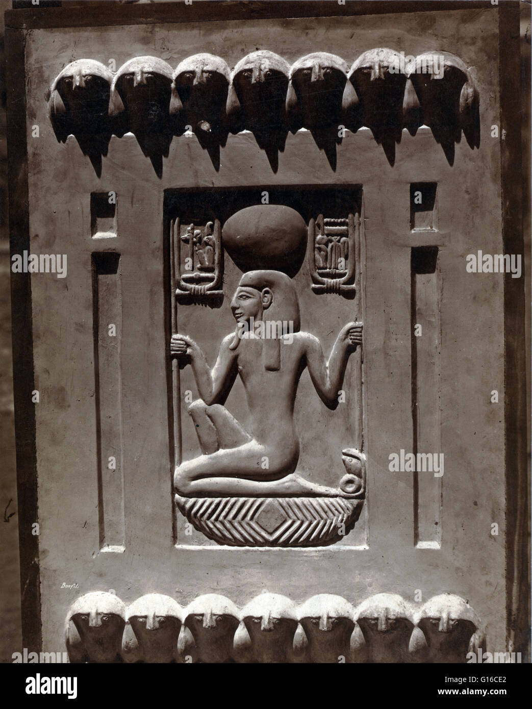 Bas-relief of Ramses II found at Saqqarah, Egypt, photographed by Maison Bonfils, circa 1867-1885. Saqqara is an ancient burial ground in Egypt, serving as the necropolis for the Ancient Egyptian capital, Memphis. During the New Kingdom Memphis was an imp Stock Photo