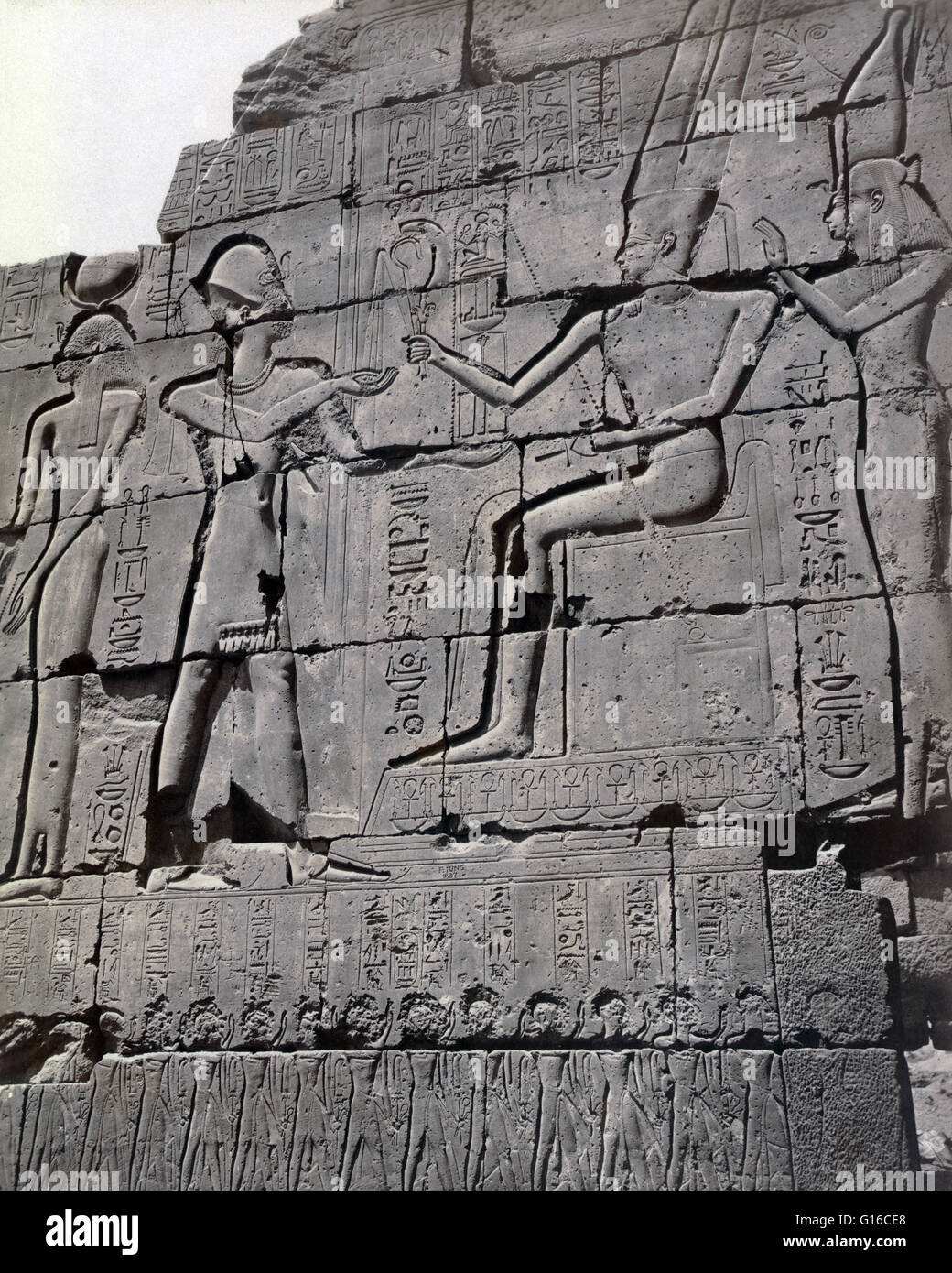 Section of bas-relief interior of Ramesseum, the mortuary temple of Ramses  II, photographed by Maison Bonfils, circa 1867-1885. The Ramesseum is the  memorial temple (or mortuary temple) of Pharaoh Ramses II. It