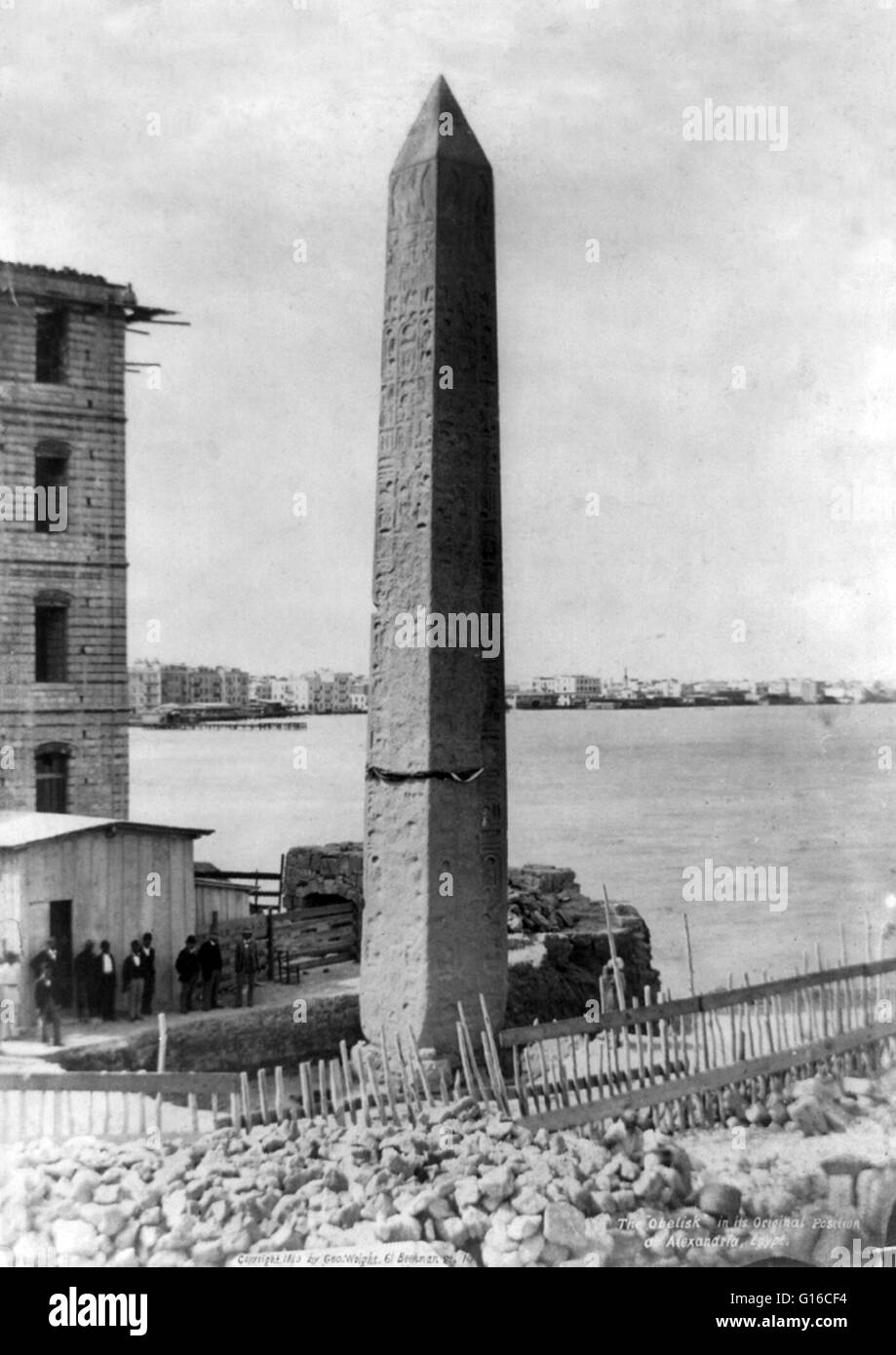 The obelisk Cleopatra's Needle in its original position at Alexandria,  Egypt. Cleopatra's Needle is the popular name for each of three Ancient  Egyptian obelisks re-erected in London, Paris, and New York City
