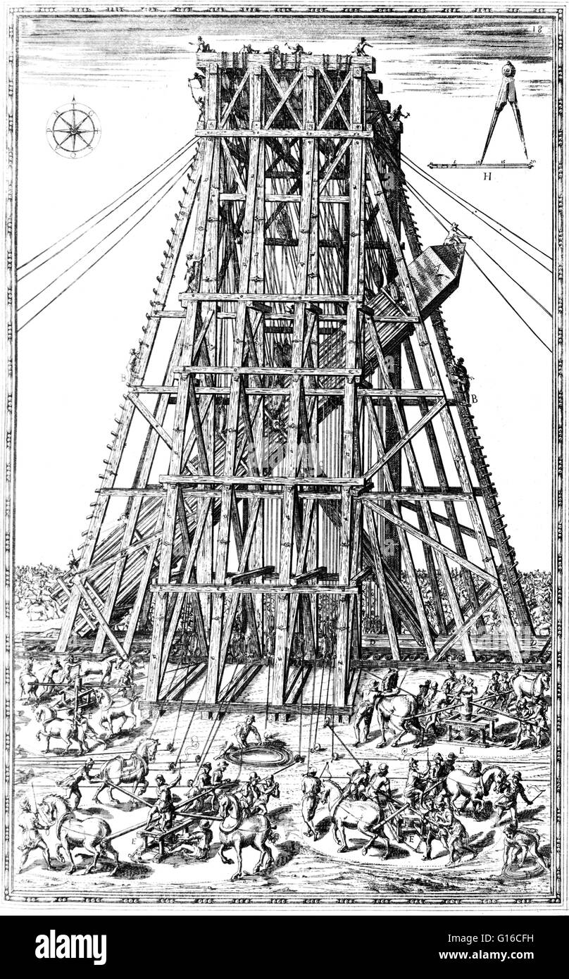 Engraving by Domenico Fontana entitled: 'Scaffolding used for support when lowering obelisk at the Circus Nero prior to its relocation to the Piazza of Saint Peter in Rome. 1590.' The obelisk was originally erected at Heliopolis by an unknown pharaoh of t Stock Photo