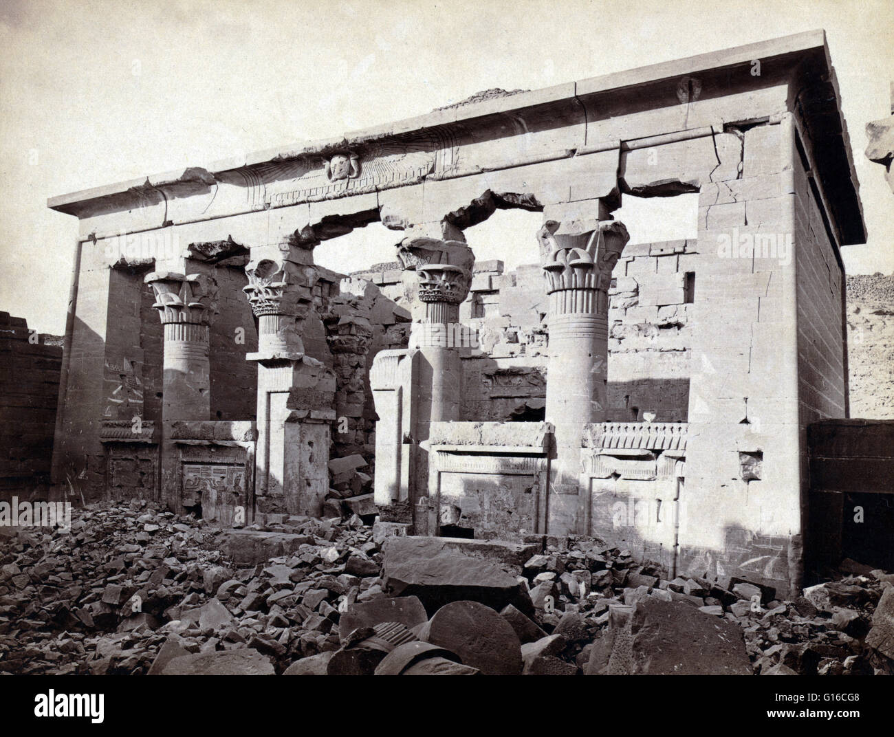 Entitled: 'Temple of Kalabshe' photographed by Francis Frith circa 1856-1860. The Temple of Kalabsha is an Ancient Egyptian temple that was originally located at Bab al-Kalabsha (Gate of Kalabsha), approximately 30 miles south of Aswan. The temple was sit Stock Photo