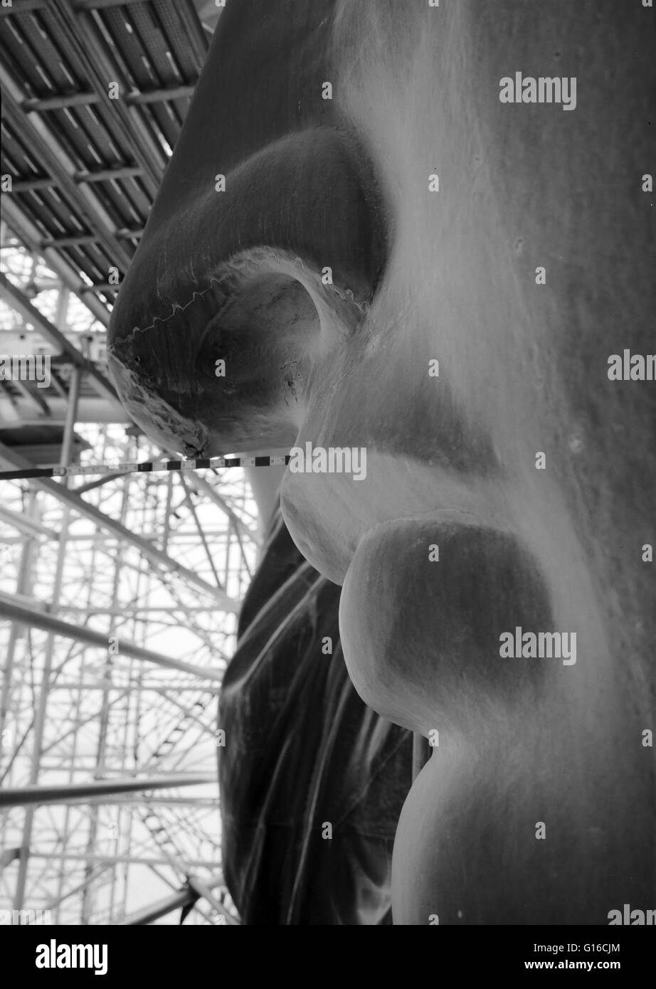 Entitled; 'Nose detail before repairs, March 28, 1985.' The Statue of Liberty is a colossal neoclassical sculpture on Liberty Island in New York Harbor, designed by Frédéric Bartholdi and dedicated on October 28, 1886. The statue, a gift to the United Sta Stock Photo