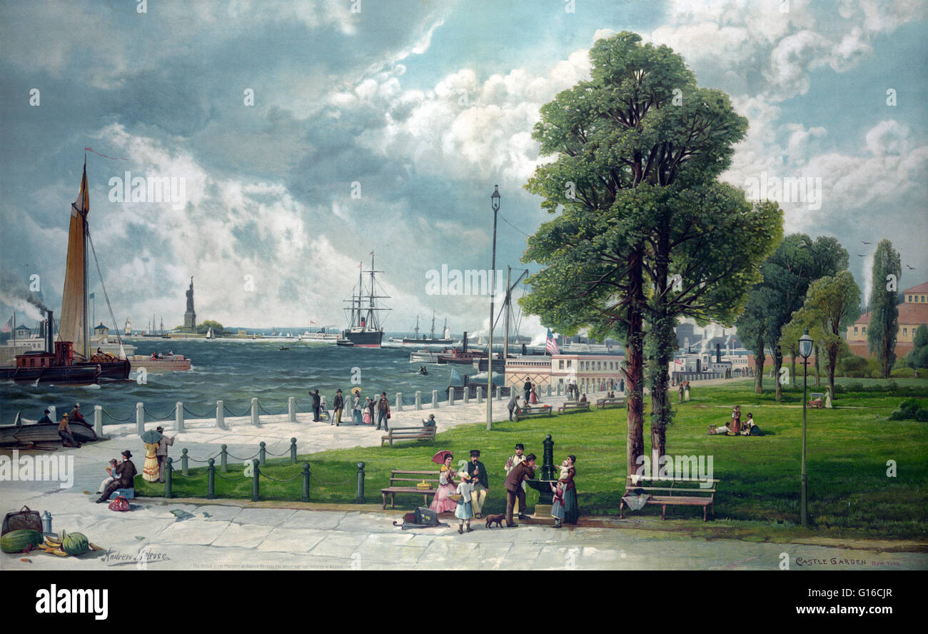 Chromolithograph entitled: 'Castle Garden, New York, showing Bartholdi's Statue of Liberty / painted by Andrew Melrose, published by Raphael Tuck & Sons, 1887.' Castle Clinton or Fort Clinton, once known as Castle Garden, is a circular sandstone fort now Stock Photo