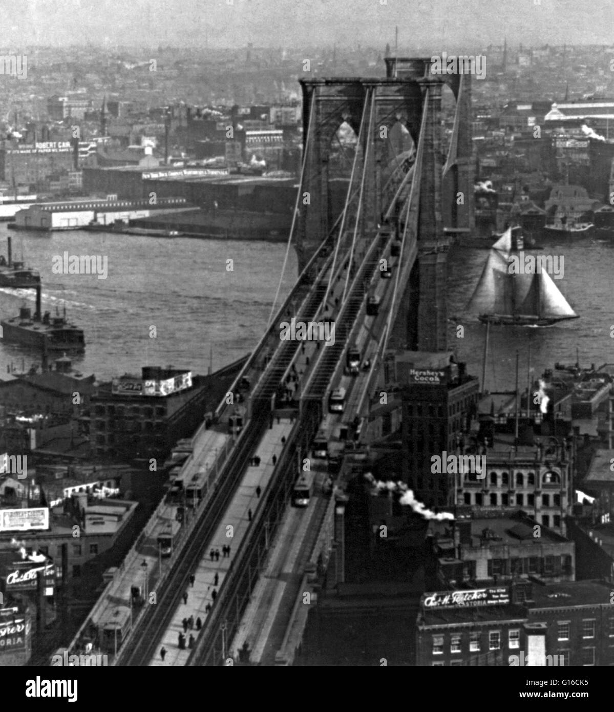 Stereograph image entitled: 'The Brooklyn Bridge (cost $16,000,000).' The Brooklyn Bridge is one of the oldest suspension bridges in the United States. Completed in 1883, it connects the boroughs of Manhattan and Brooklyn by spanning the East River. With Stock Photo