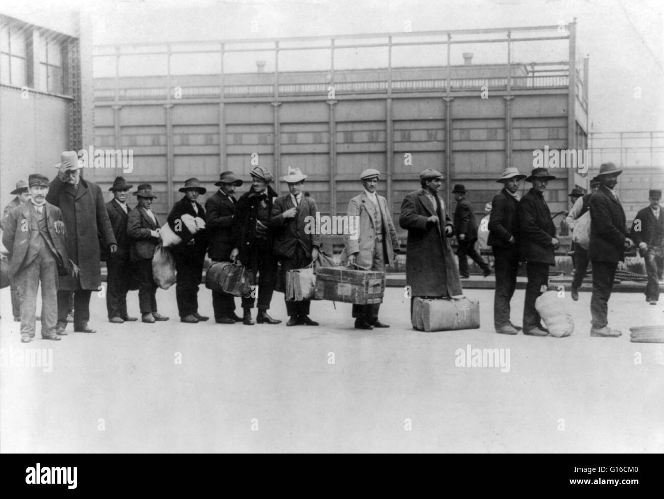 Entitled: 'immigrants from 'Princess Irene'. In the 35 years before Ellis Island opened, over eight million immigrants arriving in New York had been processed by New York State officials at Castle Garden Immigration Depot in lower Manhattan, just across t Stock Photo