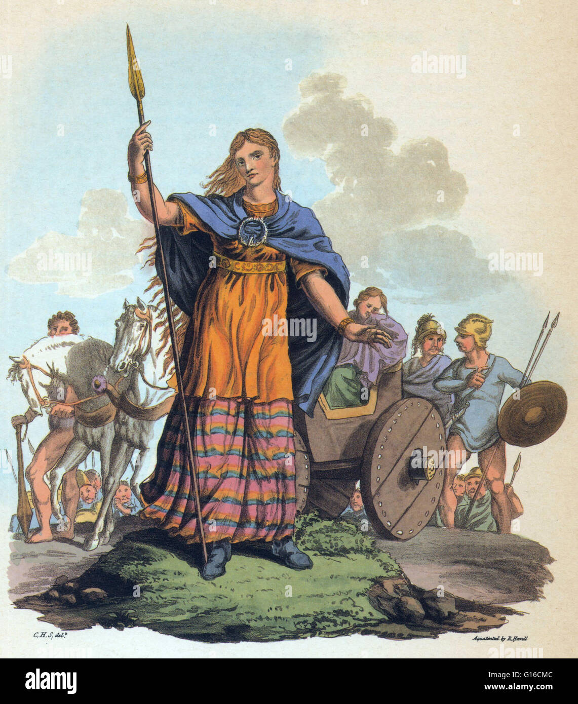 Boudica (died 60 or 61 AD) was queen of the British Iceni tribe, a Celtic tribe who led an uprising against the occupying forces of the Roman Empire. Her husband, Prasutagus, had left his kingdom jointly to his daughters and the Roman Emperor when he died Stock Photo