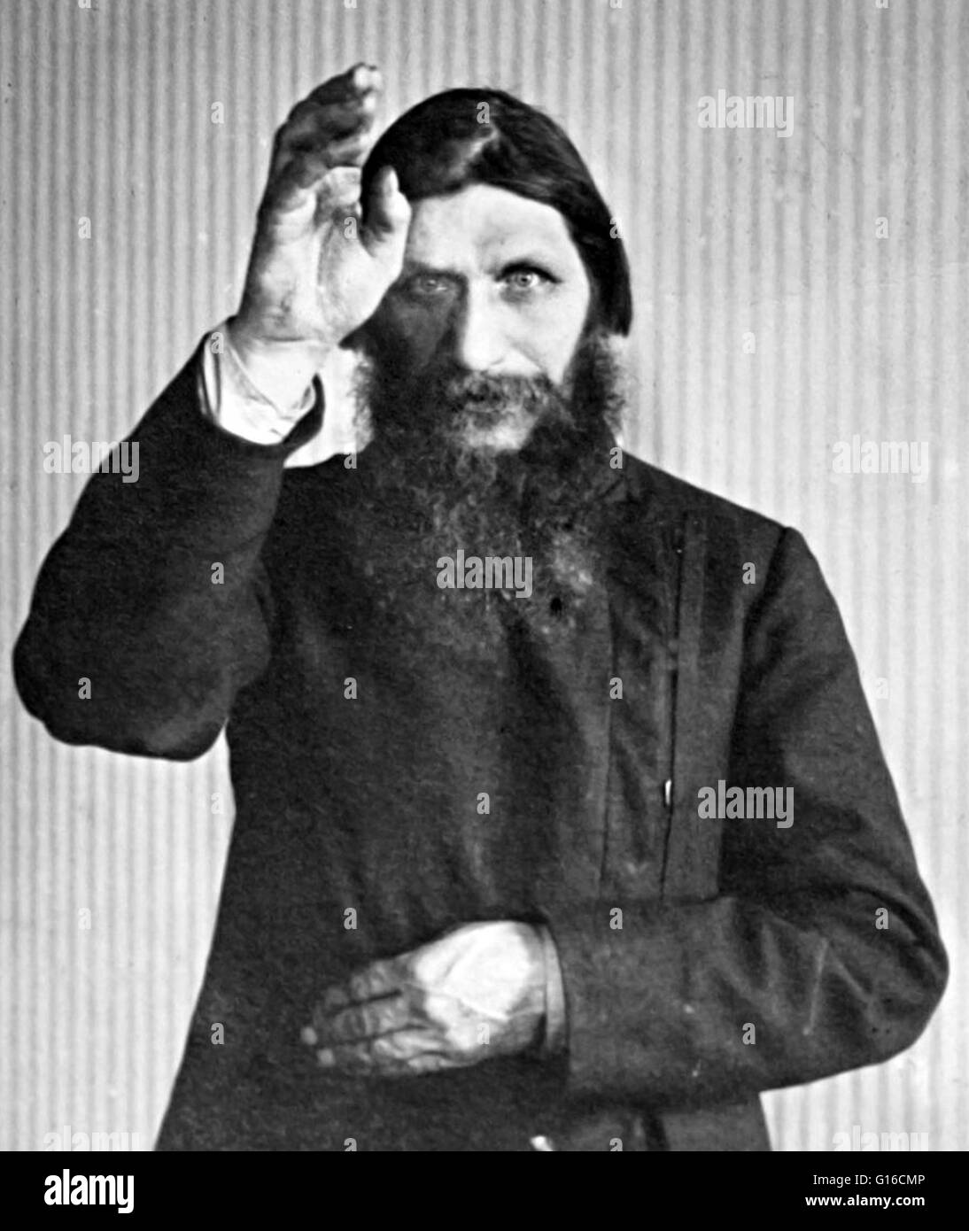 Grigori Yefimovich Rasputin (January 22, 1869 - December 30, 1916) was a Russian mystic, faith healer and private adviser to the Romanovs. An illiterate peasant, he earned the name rasputin (debauched one) for his early licentious behavior. After undergoi Stock Photo