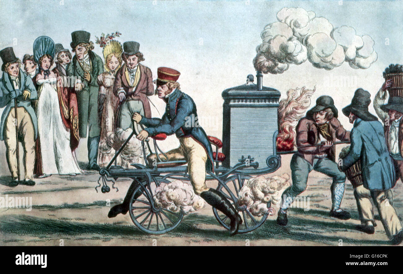 French cartoon entitled: 'Velocipedraisiavaporianna', 1818 (note the stokers and feeders following behind). The image above shows the first idea for a motorcycle: a hobbyhorse cycle with a steam engine attached, described as a 'steam-driven velocipede.' T Stock Photo