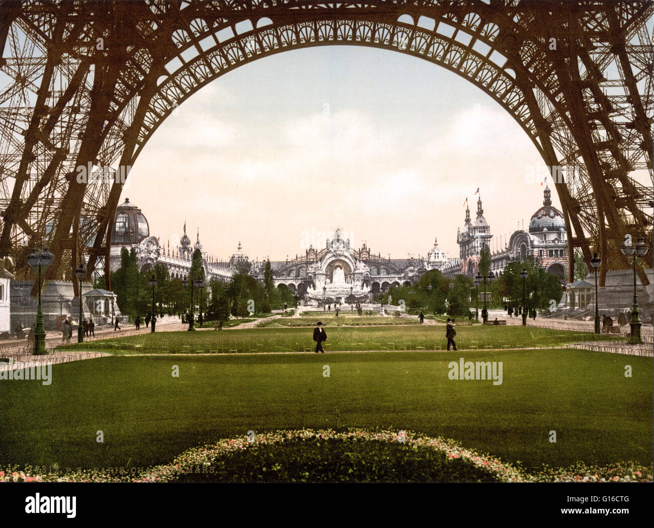 Champs de Mars, Exposition Universal, 1900. The Exposition Universelle of 1900 was a world's fair held in Paris, France, to celebrate the achievements of the past century and to accelerate development into the next. The Eiffel Tower (La Tour Eiffel) is an Stock Photo