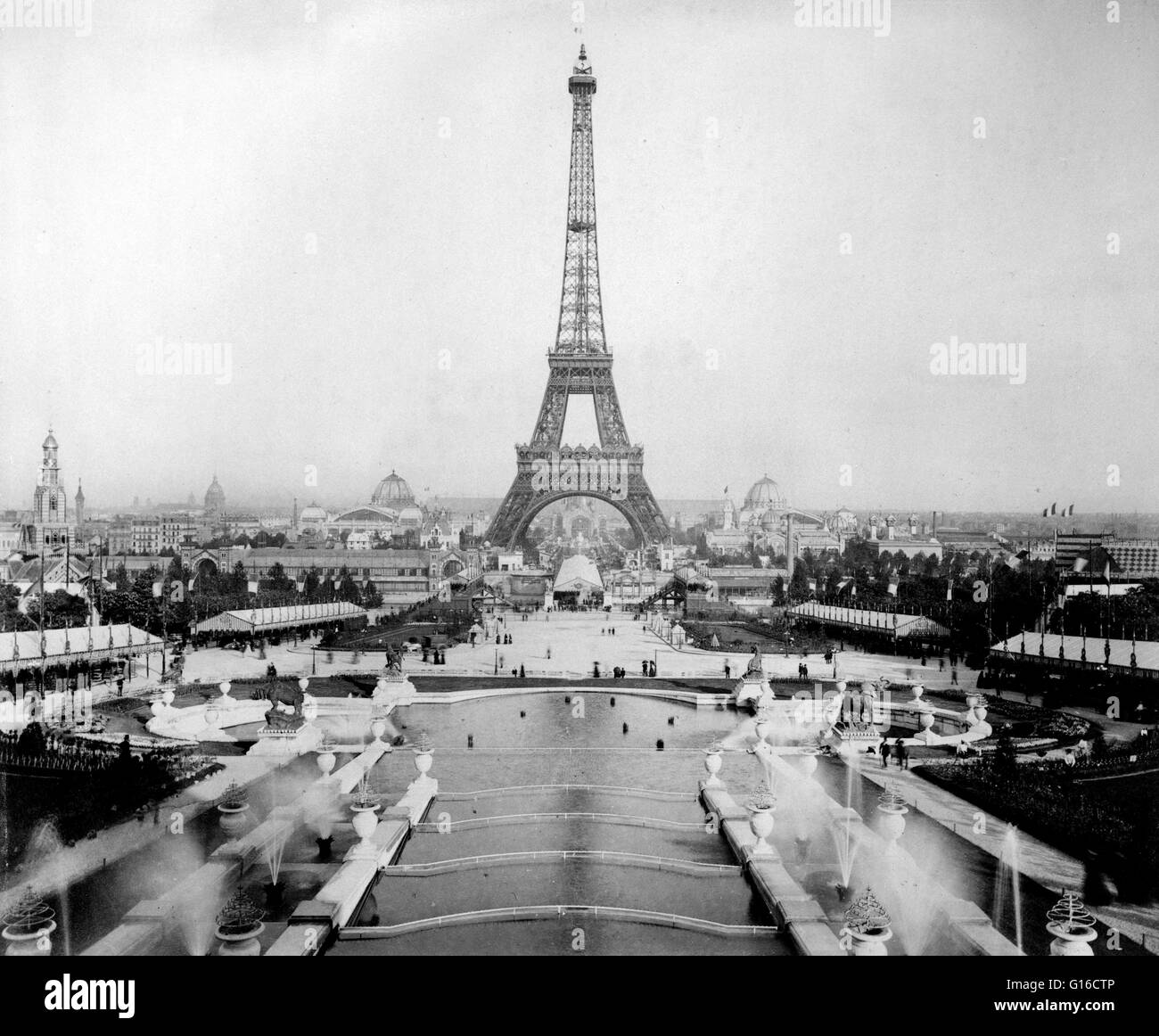 View of the Eiffel Tower and exposition buildings on the Champ de Mars as seen from Trocadéro Palace, Paris Exposition, 1889. The Eiffel Tower (La Tour Eiffel) is an iron lattice tower located on the Champ de Mars in Paris. It was named after the engineer Stock Photo