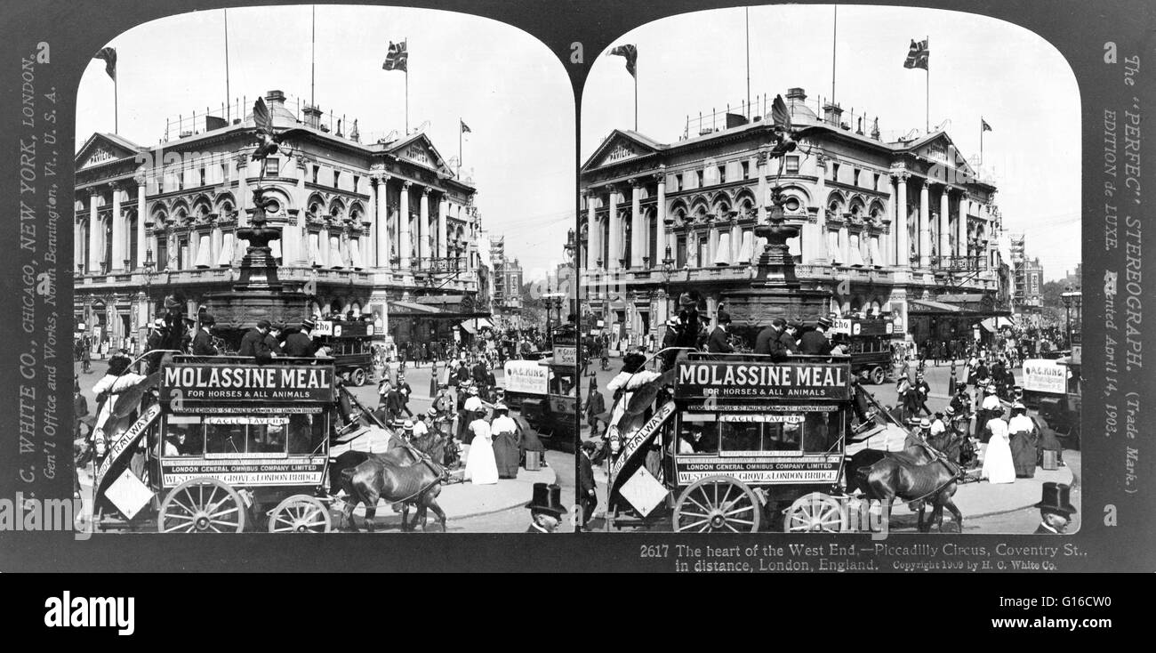 H.C. White stereograph (cropped) from 1909 entitled: 'The heart of the West End - Piccadilly Circus, Coventry St., in distance, London, England.' Piccadilly Circus connects to Piccadilly, a thoroughfare whose name first appeared in 1626 as Piccadilly Hall Stock Photo