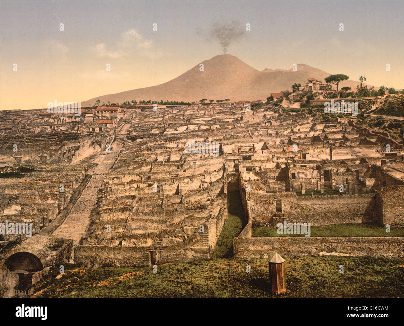 The city of Pompeii was an ancient Roman town-city near modern Naples in the Italian region of Campania. Pompeii, along with Herculaneum and many villas in the surrounding area, was mostly destroyed and buried under 13 to 20 feet ash and pumice in the eru Stock Photo