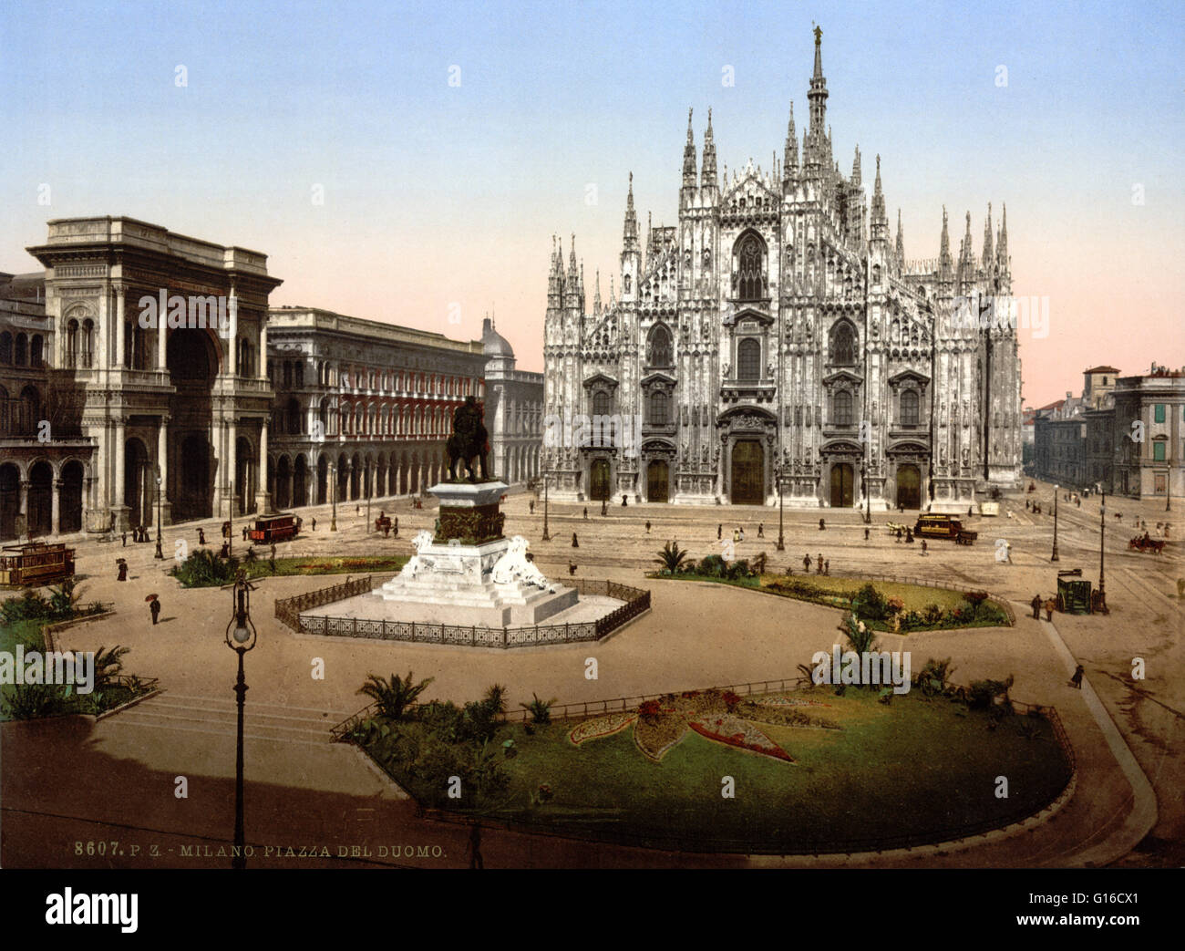 Piazza del Duomo (Cathedral Square) is the main piazza (city square) of Milan, Italy. It is named after, and dominated by, the Milan Cathedral (the Duomo). The piazza marks the center of the city, both in a geographic sense and because of its importance f Stock Photo