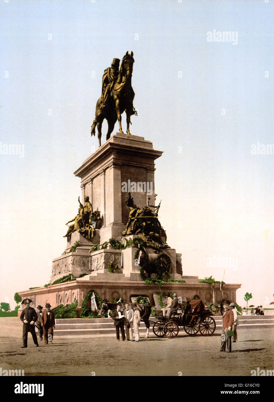 The equestrian monument dedicated to Giuseppe Garibaldi is an imposing equestrian statue placed in Rome on the highest point of the Janiculum Hill. The monument consists of a bronze statue portraying the hero riding a horse, which is placed on a big marbl Stock Photo