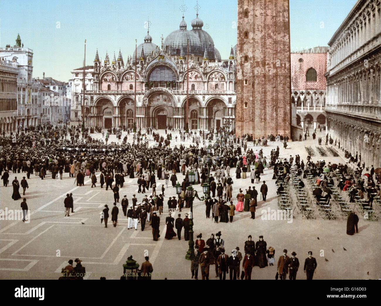 Piazza San Marco is the principal public square of Venice, Italy, where it is generally known just as 'the Piazza'. The Piazzetta ('little Piazza') is an extension of the Piazza towards the lagoon in its south east corner. The two spaces together form the Stock Photo