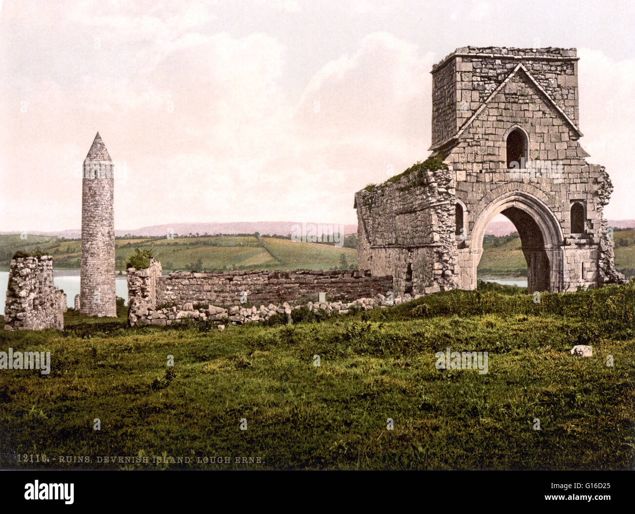 Devenish Island ruins, Lough Erne. County Fermanagh, Ireland photographed by the Detroit Publishing Company circa 1890-1900. Devenish contains one of the finest monastic sites in Northern Ireland. A round tower thought to date from the 12th century is sit Stock Photo