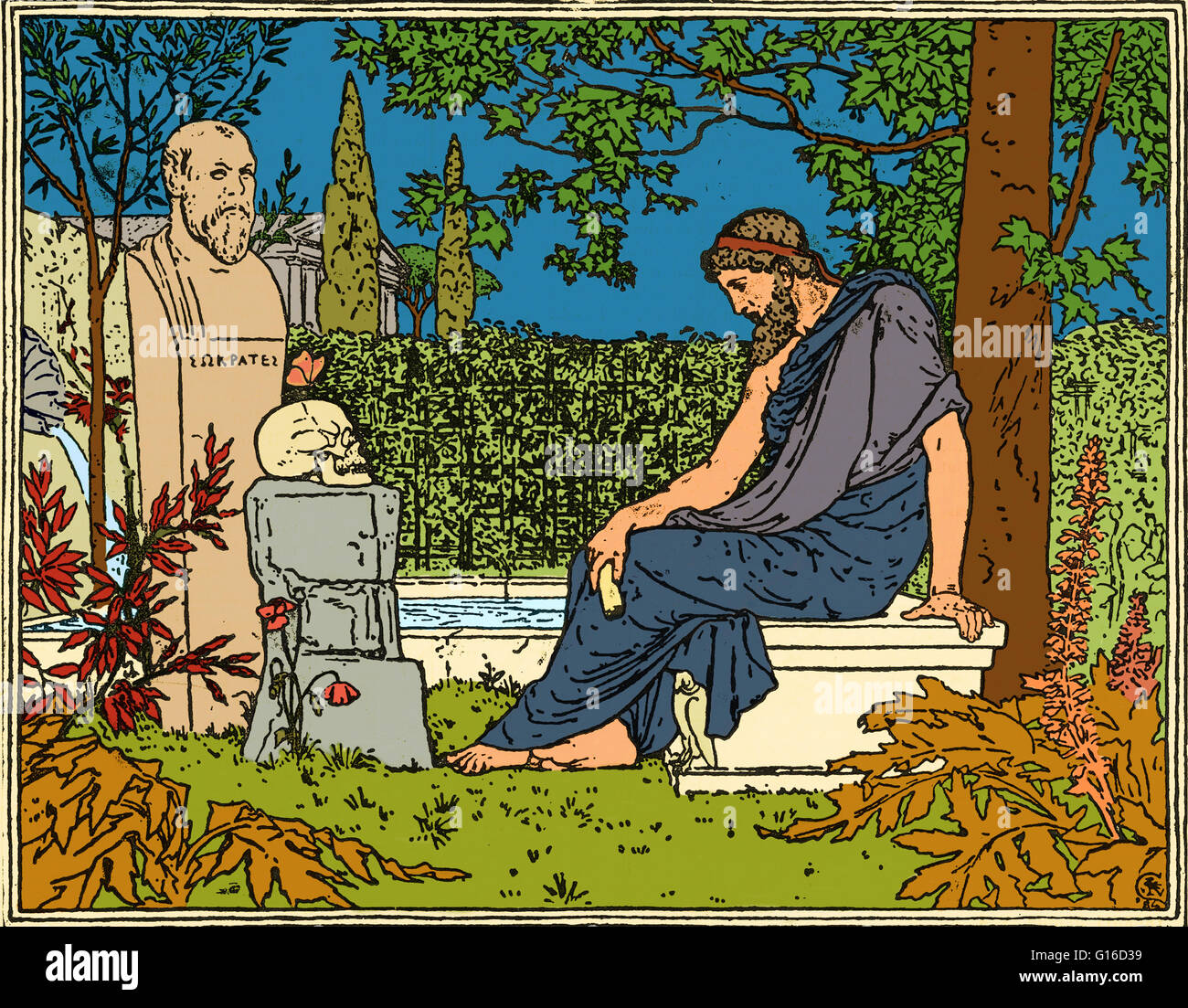 Plato meditating on immortality before Socrates, the butterfly, skull and poppy, about 400 B.C. Plato (424/423-348/347 BC) was a Classical Greek philosopher, mathematician, student of Socrates, writer of philosophical dialogues, and founder of the Academy Stock Photo