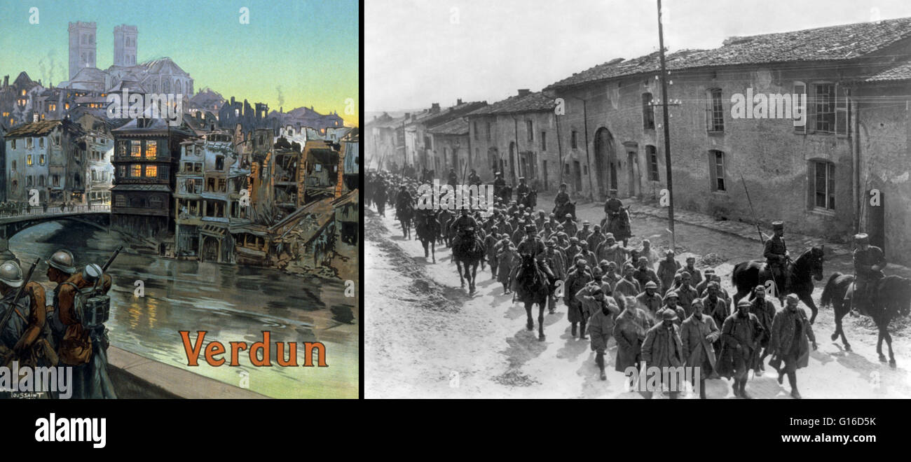 Composite image of a 1919 color poster by Maurice Toussaint of soldiers marching beside a river and over a bridge into a shelled Verdun, contrasted with a black and white image of French prisoners taken through a French suburb of Verdun in 1916. The Battl Stock Photo