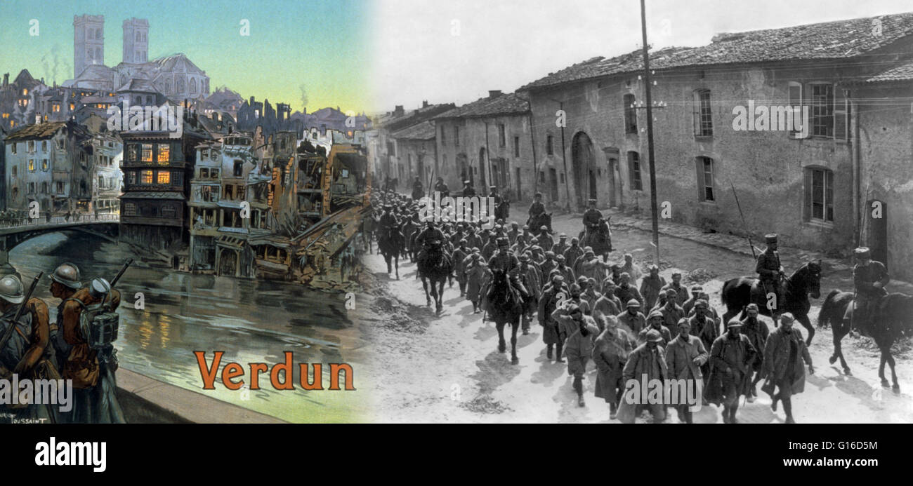 Composite image of a 1919 color poster by Maurice Toussaint of soldiers marching beside a river and over a bridge into a shelled Verdun, contrasted with a black and white image of French prisoners taken through a French suburb of Verdun in 1916. The Battl Stock Photo