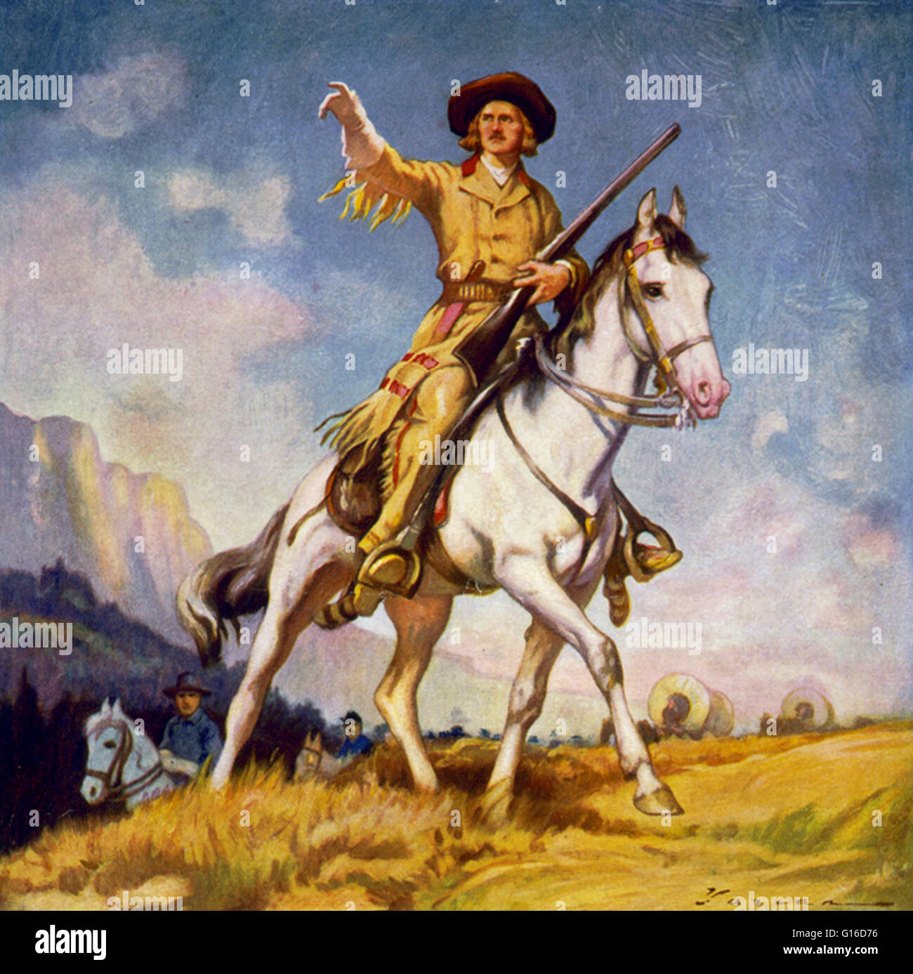 Entitled: 'The Youth's Companion. Historic milestones. Kit Carson', 1922. Showing Carson, on horseback, holding rifle with left arm, pointing with right arm, with troops behind him. Christopher Houston Carson (December 24, 1809 - May 23, 1868), known as K Stock Photo