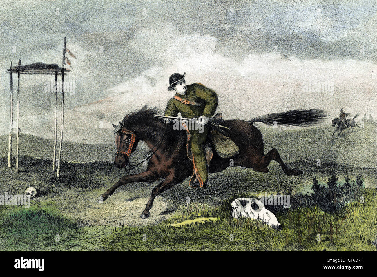 Entitled: 'The Persuit (sic).' Hand-colored lithograph of man from the Pony Express, on horseback, fleeing from Indians, on Indian burial grounds issued from Bufford's Print Publishing House, 1860s. The Pony Express was a mail service delivering messages, Stock Photo